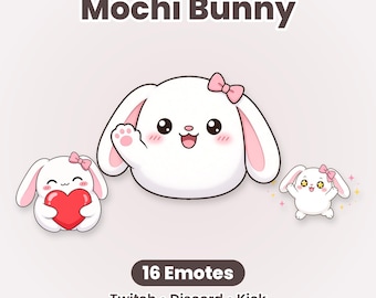 Mochi Bunny Twitch-emotes, een pakket van 16 schattige, kawaii witte konijntjes voor Discord en Kick Streamers.