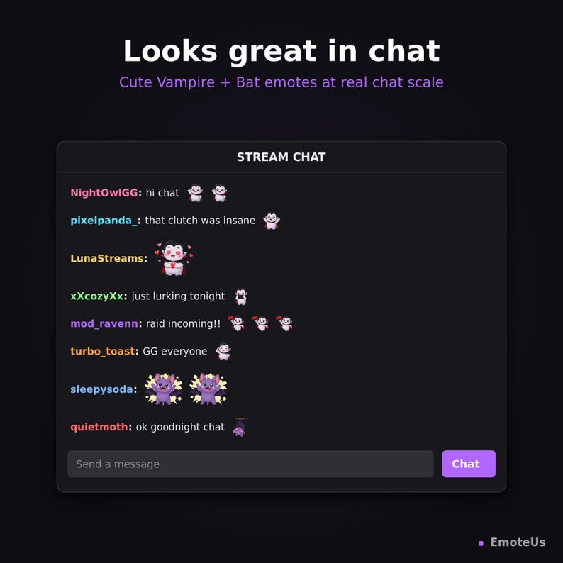 Puede incluir: Una interfaz de chat de transmisi&oacute;n digital que muestra texto y peque&ntilde;os emoticonos de vampiros y murci&eacute;lagos. La interfaz incluye nombres de usuario, mensajes e iconos coloridos dentro de un cuadro con un tema oscuro.