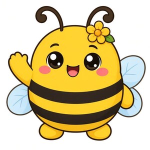 May include: A round, yellow bee character with black horizontal stripes, large black eyes, pink cheeks, and a smiling mouth. The bee has two antennae, light blue wings, and a small yellow flower with a green leaf attached to its head.