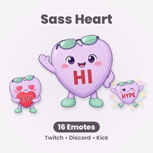 May include: A set of 16 digital emotes titled Sass Heart for Twitch, Discord, and Kick. The graphic features a light purple heart character wearing green glasses, with variations displaying the text HI, LUV, and HYPE alongside colorful sparkles.
