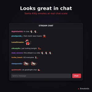 Puede incluir: Una interfaz digital titulada Stream Chat que muestra varios mensajes de usuario y emoticonos de Santa Kitty. El texto dice Looks great in chat, Santa Kitty emotes at real chat scale, e incluye nombres de usuario como NightOwlGG y pixelpanda.