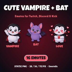 Puede incluir: Un conjunto gr&aacute;fico digital titulado CUTE VAMPIRE + BAT con 16 emoticonos para Twitch, Discord y Kick. Incluye un vampiro saludando, un murci&eacute;lago morado y un vampiro con ojos de coraz&oacute;n sosteniendo un coraz&oacute;n rojo. Texto: 16 EMOTES.