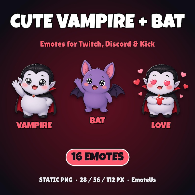 Puede incluir: Un conjunto gr&aacute;fico digital titulado CUTE VAMPIRE + BAT con 16 emoticonos para Twitch, Discord y Kick. Incluye un vampiro saludando, un murci&eacute;lago morado y un vampiro con ojos de coraz&oacute;n sosteniendo un coraz&oacute;n rojo. Texto: 16 EMOTES.