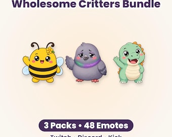 Wholesome Critters Twitch Emote Bundel, 48 emotes, 3 pakketten: Drukke Bij, Kleine Rex, Verdrietige Duif
