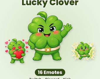 Lucky Clover St Patricks Day Twitch Emotes, 16 Cute Shamrock Pack for Discord & Kick