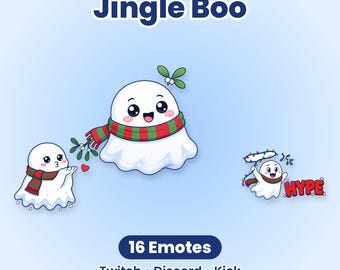Jingle Boo Kerstspook Twitch-emotes, een pakket van 16 schattige kawaii-emotes voor Discord en Kick Streamers.