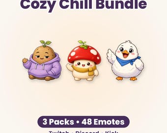 Gezellige Chill Twitch Emote Bundel, 48 emotes, 3 pakketten: Paddenstoel, Bankhanger, Gekke Gans