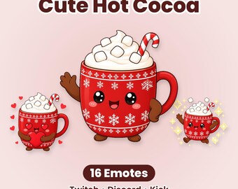 Puede incluir: Un conjunto gráfico digital titulado Cute Hot Cocoa con 16 emoticonos para Twitch, Discord y Kick. El diseño muestra tazas rojas con patrones de copos de nieve blancos, nata montada, nubes de azúcar y bastones de caramelo.