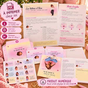 Peut inclure: Un kit numérique imprimable intitulé Les lettres d'Ava comprenant douze lettres, des enveloppes et des fiches d'instructions. L'ensemble inclut des cartes aux tons pastel illustrées d'une jeune fille, des textes pour diverses situations émotionnelles et des guides de pliage.