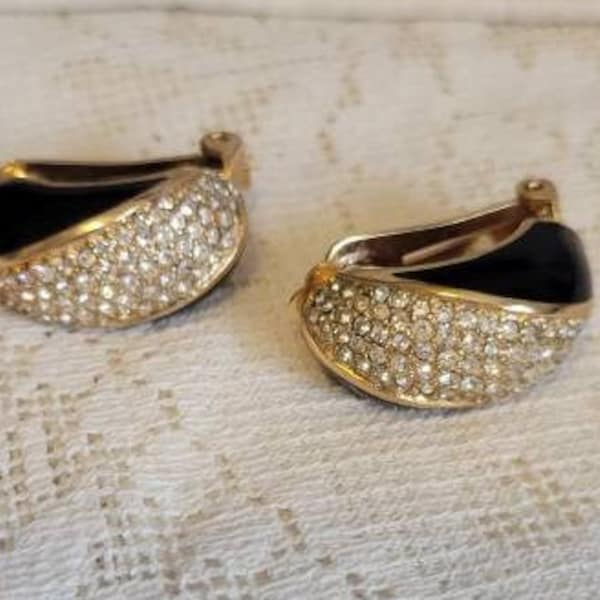 Christian Dior Vintage 1960s Black Enamel, Rhinestone and Gold-tone clip-on Earrings