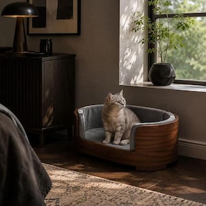 Luxe houten hondenmand – Moderne mand met traagschuim voor kleine honden en katten
