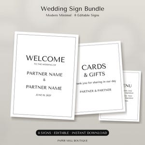 Minimalist Wedding Sign Bundle Template, Welcome Sign, Unplugged Ceremony, Bar Menu, Cards and Gifts, Guest Book Sign, Editable