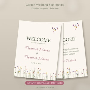 May include: A garden wedding sign bundle featuring two off-white rectangular templates with dark green and pink text. The designs include small colourful wildflower illustrations at the top and bottom, with the text Welcome to the wedding of.