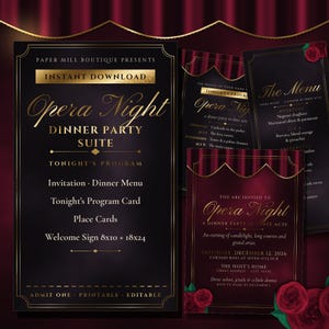 May include: A black and deep red dinner party stationery suite featuring gold text and ornate borders. The set includes an invitation, menu, and program card with the text Opera Night Dinner Party Suite, Paper Mill Boutique Presents, and 8x10 + 18x24.
