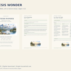Op de afbeelding: Een 46-pagina tellende digitale PDF-studiegids genaamd Genesis Wonder, met geïllustreerde Bijbel-, kunst- en natuurlessen voor kinderen van 3-12 jaar. De pagina's bevatten tekst, leskoppen zoals In the Beginning en Let There Be Light, en aquarelachtige landschapsafbeeldingen van bergen, bossen en meren.