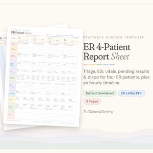 May include: A printable nursing template featuring an ER 4-Patient Report Sheet. The document includes sections for triage, ESI, vitals, pending results, and disposition for four patients, alongside an hourly timeline. It is a US Letter PDF.