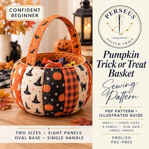 May include: A fabric pumpkin trick or treat basket sewing pattern by Perseus Stitch Craft. The basket features eight panels with orange, black, and white patterns including ghosts, pumpkins, witch hats, and cats, with a single handle and oval base.
