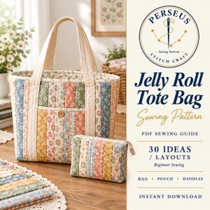 May include: A quilted tote bag and matching zippered pouch featuring vertical fabric strips in floral patterns of pink, blue, yellow, and green. The bag has two cream-colored fabric handles and a single wooden button on the front pocket.