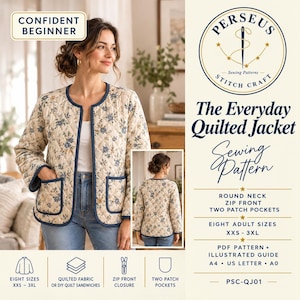 May include: A quilted jacket sewing pattern by Perseus Stitch Craft titled The Everyday Quilted Jacket. The pattern features a round neck, zip front, and two patch pockets, available in eight adult sizes from XXS to 3XL as a PDF.