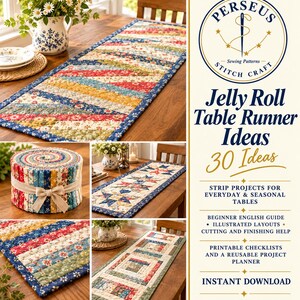 Patroon voor een tafelloper in de vorm van een rolletje (PDF), gequilte tafelloper voor beginners, 30 ideeën voor quilts met stroken, eenvoudige handleiding voor het quilten met voorgesneden stof