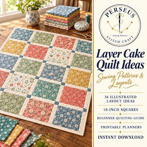 Könnte beinhalten: Ein Patchwork-Quilt mit floralen Stoffquadraten in Blau, Gelb, Grün und Rosa, getrennt durch weiße Zwischenstreifen. Der Text rechts lautet Perseus Stitch Craft Layer Cake Quilt Ideas, 36 Layout-Ideen, 25,4 cm Quadrate.