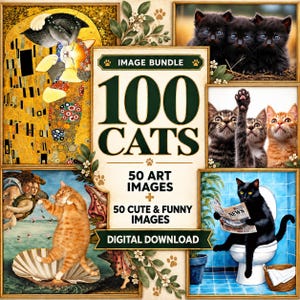Puede incluir: Un paquete de imágenes digitales con 100 gatos, que incluye 50 imágenes artísticas y 50 imágenes lindas y divertidas. El texto central dice IMAGE BUNDLE 100 CATS 50 ART IMAGES + 50 CUTE & FUNNY IMAGES DIGITAL DOWNLOAD, rodeado de ilustraciones de gatos.