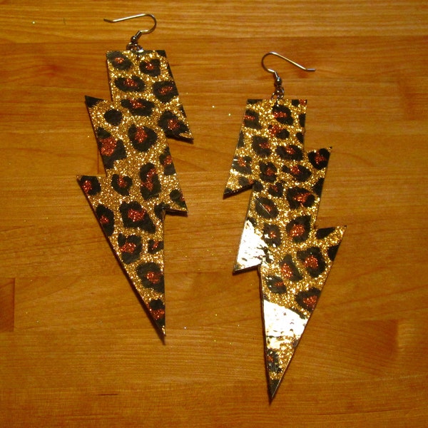 Big Bold Wild Cheetah Print Black & Gold Sparkle Lightning Bolt Fashion Statement Earrings Hip Hop Diva Edgy Glam Jersey Style