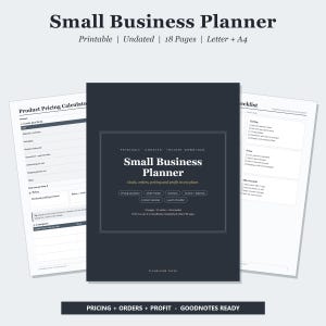 以下が含まれることがあります： Small Business Plannerと書かれたダークカラーの表紙を持つデジタルプランナー。Goals, orders, pricing and profit in one placeというテキストが含まれています。製品価格計算、注文追跡、チェックリスト用のページがあり、LetterおよびA4サイズに対応しています。