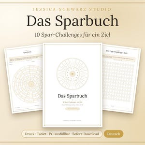 Könnte beinhalten: Ein digitales Sparbuch mit dem Titel Das Sparbuch, das 10 Spar-Challenges enthält. Das Cover zeigt eine kreisförmige Grafik, während zwei Innenseiten einen kreisförmigen Spartracker und ein 365-Tage-Challenge-Raster darstellen.