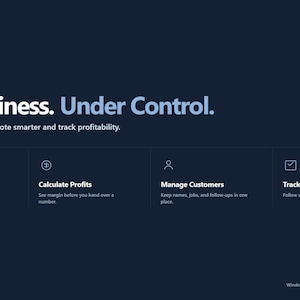 Puede incluir: Una interfaz digital azul oscuro para el software empresarial Corvionix. El texto dice: Your Business. Under Control. Everything you need to quote smarter and track profitability. Las funciones incluyen Create Quotes, Calculate Profits, Manage Customers y Track Jobs.