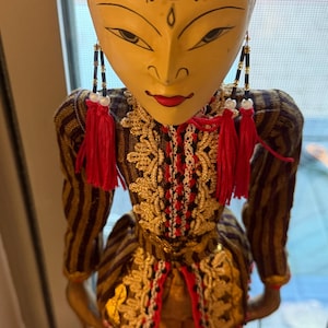 19" Indonesian Wayang Golek Wooden Rod Puppet - Javanese Folk Art Theatre Collectible with display base
