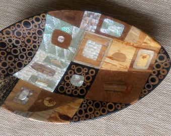 Maitland Smith Style Extra Large 24" Tasseled Wood Mosaic Fish Bowl, Mid Century Lacquered Bamboo Statement Centerpiece Tray