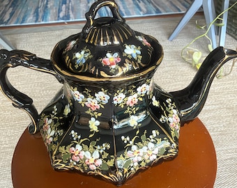 Victorian Jackfield teapot black jetware glaze hand painted pink  and white floral Chaney gold gilt trim hexagonal mourning teapot