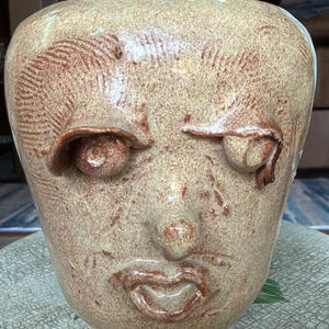 Signed Stephanie Studio Pottery Face Jug Expressionist Face Vase Hand Sculpted Ash Glaze Folk Art Clay Catchall Grumpy Character Pot