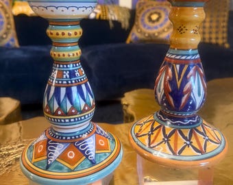 Świeczniki Deruta Italy Majolica – Sberna Antico Geometrico Zestaw 2 sztuk (wysokość 8 cali)