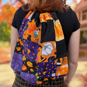 Handmade Patchwork Cotton Drawstring Backpacks, Witchy Vibe, Pumpkin Spice, Halloween (Machine Sewn)