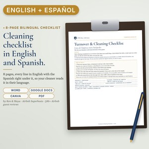 Bilingual Airbnb Cleaning Checklist English Spanish, Lista de Limpieza, Turnover Checklist for Cleaners afbeelding 1