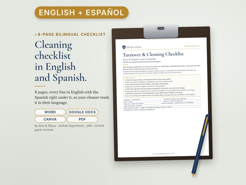 Bilingual Airbnb Cleaning Checklist English Spanish, Lista de Limpieza, Turnover Checklist for Cleaners afbeelding 1
