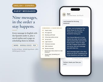 Bilingual Airbnb Message Templates English Spanish, Mensajes para Huespedes, 9 Guest Messages, 2 Saved Replies, Vrbo Rental, Word