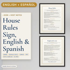 Placa bilíngue com as regras da casa do Airbnb (inglês e espanhol), Reglas de la Casa, editável em Canva e Word, para imprimir. imagem 1