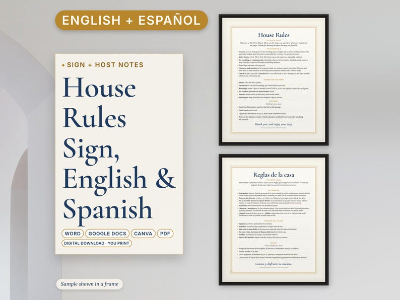 Placa bilíngue com as regras da casa do Airbnb (inglês e espanhol), Reglas de la Casa, editável em Canva e Word, para imprimir. imagem 1