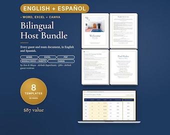 Bilingual Airbnb Host Bundle English Spanish, Editable Canva and Word, Welcome Book, House Rules, Checklist, Signs