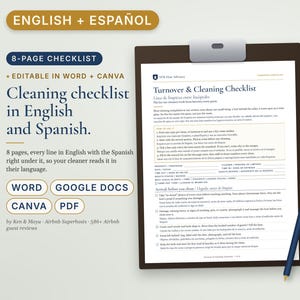 Bilingual Airbnb Cleaning Checklist English Spanish, Lista de Limpieza, Turnover Checklist for Spanish Speaking Cleaners, Vrbo, Word imagen 1