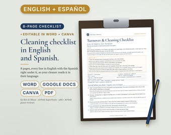 Bilingual Airbnb Cleaning Checklist English Spanish, Lista de Limpieza, Turnover Checklist for Spanish Speaking Cleaners, Vrbo, Word