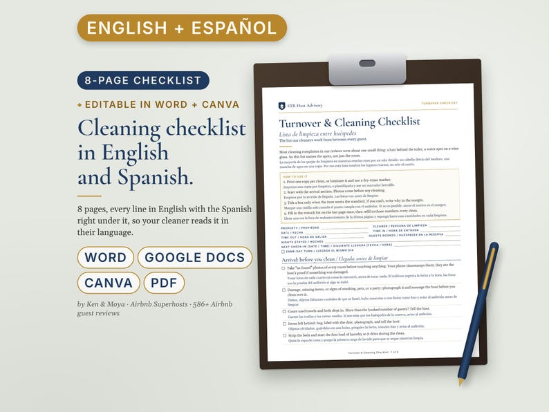 Bilingual Airbnb Cleaning Checklist English Spanish, Lista de Limpieza, Turnover Checklist for Spanish Speaking Cleaners, Vrbo, Word imagen 1