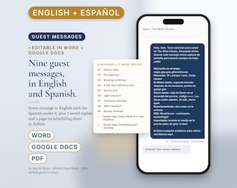 Bilingual Airbnb Message Templates English Spanish, Mensajes para Huespedes, 9 Guest Messages, 2 Saved Replies, Vrbo Rental, Word