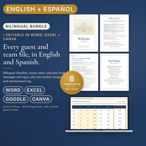 Bilingual Airbnb Host Bundle English Spanish, Welcome Book, House Rules, Cleaning Checklist, Messages, Signs, Vrbo Short Term Rental image 1