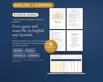 Bilingual Airbnb Host Bundle English Spanish, Welcome Book, House Rules, Cleaning Checklist, Messages, Signs, Vrbo Short Term Rental