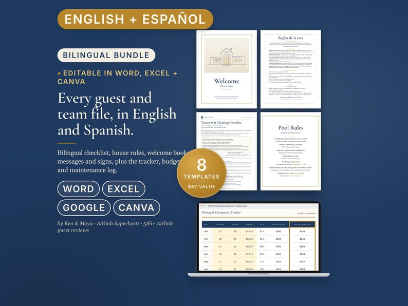 Bilingual Airbnb Host Bundle English Spanish, Welcome Book, House Rules, Cleaning Checklist, Messages, Signs, Vrbo Short Term Rental image 1