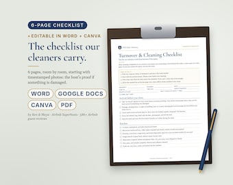 Airbnb Cleaning Checklist for Cleaners, Turnover Checklist, Vacation Rental Cleaning SOP, Vrbo Short Term Rental, Editable Word, Canva